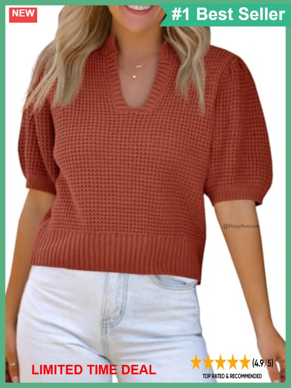 Waffle Knit Puff Short Sleeve V-Neck Sweater Top Cropped Casual Blouse